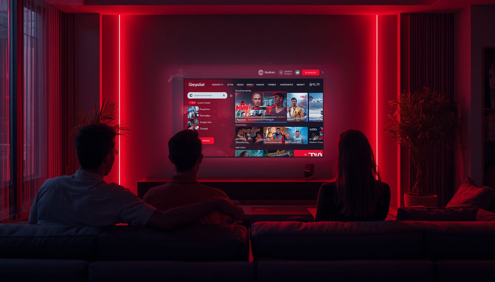 A couple watching KroozTV IPTV on a large Smart TV in a modern living room with blue ambient lighting in the USA