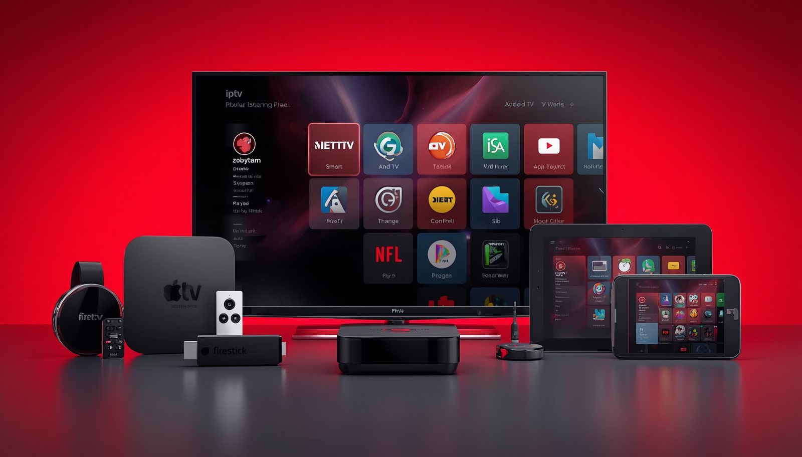 KroozTV IPTV running on a FireStick, Apple TV, Android TV box, Smart TV, tablet and smartphone in a red-lit setup